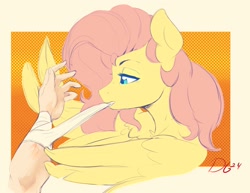 Size: 2472x1905 | Tagged: safe, alternate version, artist:thelunarmoon, imported from derpibooru, fluttershy, human, pegasus, pony, bandage, colored sketch, disembodied hand, female, hand, mare, mouth hold, offscreen character, sketch, solo focus