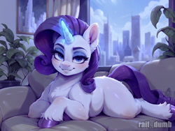 Size: 1024x768 | Tagged: safe, imported from derpibooru, rarity, pony, unicorn, ai content, ai generated, blue eyes, blushing, chest fluff, city, cityscape, couch, curtains, day, ear fluff, eyebrows, eyelashes, eyeliner, eyeshadow, female, generator:easyfluff v11.2, generator:stable diffusion, glowing, glowing horn, hooves, horn, illustration, indoors, looking at you, lying down, makeup, painting, plant, prompter:raif, smiling, smiling at you, solo, tail, wallpaper, watermark, window