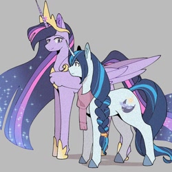 Size: 1024x1024 | Tagged: safe, artist:daisyle, imported from derpibooru, twilight sparkle, oc, oc:nightshine, alicorn, pony, unicorn, the last problem, clothes, duo, duo female, female, gray background, height difference, horn, looking at each other, looking at someone, mare, older, older twilight, older twilight sparkle (alicorn), princess twilight 2.0, scarf, simple background, smiling, smiling at each other, twilight sparkle (alicorn)