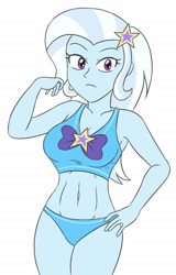 Size: 1774x2775 | Tagged: safe, artist:sumin6301, imported from derpibooru, trixie, human, equestria girls, belly, belly button, bikini, blue bikini, blue panties, blue swimsuit, blue underwear, bow, breasts, busty trixie, clothes, eyebrows, eyelashes, female, hairpin, hand on hip, high res, hips, legs, legs together, long hair, looking at you, no pants, panties, purple bow, serious, sexy, simple background, solo, standing, swimsuit, tanktop, thighs, trixie's beach shorts swimsuit, underwear, white background, white hair