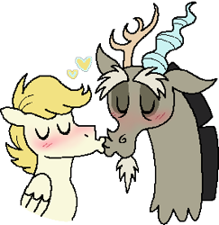 Size: 293x302 | Tagged: safe, artist:_oodlezz_, imported from derpibooru, discord, oc, oc:exist, draconequus, hippogriff, hybrid, pony, commission, cute, gay, griffequus, kissing, male, ych result, your character here