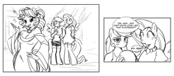 Size: 1280x564 | Tagged: safe, artist:fotia-kouneli, imported from derpibooru, fluttershy, rainbow dash, rarity, anthro, pegasus, unguligrade anthro, unicorn, bare shoulders, black and white, breasts, busty rarity, cleavage, dialogue, female, grayscale, horn, implied lesbian, mare, monochrome, sketch, speech bubble, trio, trio female