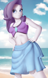 Size: 2584x4181 | Tagged: safe, artist:asapphiere, artist:azuretto, artist:irizen, imported from derpibooru, rarity, human, equestria girls, equestria girls series, beach, belly button, clothes, female, hand on hip, high res, midriff, ocean, rarity's purple bikini, sarong, solo, swimsuit, water