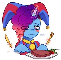 Size: 2541x2485 | Tagged: safe, artist:maren, imported from derpibooru, pony, unicorn, eye clipping through hair, female, food, fork, g5, glowing, glowing horn, hat, horn, jester, jester hat, jester outfit, knife, levitation, low poly, magic, mare, meat, misty brightdawn, pomni, ponies eating meat, ponified, rebirth misty, simple background, solo, sweat, sweatdrops, telekinesis, the amazing digital circus, unshorn fetlocks, white background