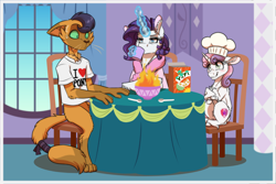 Size: 1772x1181 | Tagged: safe, artist:inuhoshi-to-darkpen, imported from derpibooru, capper dapperpaws, rarity, sweetie belle, abyssinian, anthro, cat, digitigrade anthro, pony, unicorn, bathrobe, blushing, bowl, breakfast, cereal, cereal box, chair, cheek fluff, chef's hat, clothes, coffee, commission, cooking, crossed hooves, drink, drinking, ear fluff, elbow fluff, eyebrows, eyebrows visible through hair, female, filly, fire, fluffy, foal, food, glowing, glowing horn, hat, hock fluff, horn, implied shipping, leg fluff, levitation, magic, male, mare, mug, neck fluff, rarity is not amused, robe, sheepish grin, shirt, shoulder fluff, siblings, simpsons did it, sisters, sitting, spoon, surprised, sweat, sweatdrop, sweetie belle can't cook, sweetie fail, table, tail, tail wrap, telekinesis, trio, unamused, unshorn fetlocks, wide eyes, window