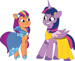 Size: 2149x1743 | Tagged: safe, artist:prixy05, imported from derpibooru, sunny starscout, twilight sparkle, alicorn, earth pony, pony, clothes, clothes swap, dress, duo, duo female, female, g4 to g5, g5, gala dress, generation leap, mare, my little pony: tell your tale, simple background, sunny and her heroine, transparent background, twilight sparkle (alicorn), vector