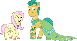 Size: 3080x1636 | Tagged: safe, artist:prixy05, imported from derpibooru, fluttershy, hitch trailblazer, earth pony, pegasus, pony, bowtie, clothes, clothes swap, crossdressing, dress, duo, duo male and female, female, g4 to g5, g5, gala dress, generation leap, hitch and his 2nd heroine, male, mare, my little pony: tell your tale, simple background, stallion, transparent background, vector