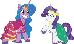 Size: 2692x1610 | Tagged: safe, artist:prixy05, imported from derpibooru, izzy moonbow, rarity, pony, unicorn, clothes, clothes swap, dress, duo, duo female, female, g4 to g5, g5, gala dress, generation leap, horn, izzy and her second heroine, mare, my little pony: tell your tale, simple background, transparent background, vector