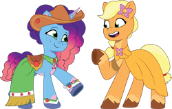 Size: 2348x1489 | Tagged: safe, artist:prixy05, imported from derpibooru, applejack, earth pony, pony, unicorn, applejack's hat, clothes, clothes swap, cowboy hat, dress, duo, duo female, female, g4 to g5, g5, gala dress, generation leap, hat, horn, mare, misty and her second heroine, misty brightdawn, my little pony: tell your tale, rebirth misty, simple background, transparent background, vector