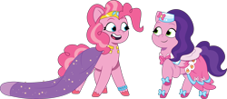 Size: 3001x1304 | Tagged: safe, artist:prixy05, imported from derpibooru, pinkie pie, pipp petals, earth pony, pegasus, pony, clothes, clothes swap, dress, duo, duo female, female, g4 to g5, g5, gala dress, generation leap, mare, my little pony: tell your tale, pipp and her second heroine, simple background, transparent background, vector