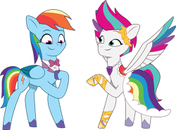 Size: 2081x1539 | Tagged: safe, artist:prixy05, imported from derpibooru, rainbow dash, zipp storm, pegasus, pony, bowtie, clothes, clothes swap, dress, duo, duo female, female, g4 to g5, g5, gala dress, generation leap, mare, my little pony: tell your tale, simple background, transparent background, vector, zipp and her heroine