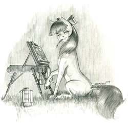 Size: 1200x1168 | Tagged: safe, artist:baron engel, imported from derpibooru, apple bloom, earth pony, pony, brush, canvas, female, filly, foal, lantern, monochrome, pencil drawing, simple background, solo, story included, traditional art, white background