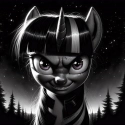 Size: 4096x4096 | Tagged: safe, imported from derpibooru, twilight sparkle, pony, unicorn, absurd resolution, ai content, ai generated, black and white, evil grin, generator:bing image creator, generator:dall-e 3, grayscale, grin, horn, metal as fuck, monochrome, night, outdoors, prompter:enterusxrname, smiling, solo, stars, upscaled