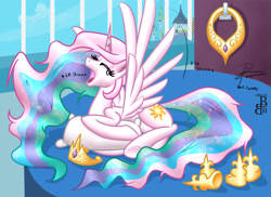 Size: 3300x2400 | Tagged: safe, artist:colour-crusader, artist:leadhooves, imported from derpibooru, princess celestia, alicorn, pony, bed, eyes closed, female, hoof shoes, le, lying down, mare, morning ponies, princess, prone, solo