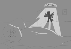 Size: 1231x846 | Tagged: safe, artist:theonlyone, imported from derpibooru, rainbow dash, oc, oc:anon, human, pegasus, pony, bed, bipedal, black and white, blanket, danger, dark room, framed picture, glare, grayscale, lazy, monochrome, no mouth, pillow, red eye, scared, shadow, sketch, spread wings, standing on two hooves, sweat, tail, this will end in death, uh oh, wings