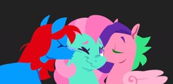 Size: 1595x780 | Tagged: safe, artist:partyponypower, imported from derpibooru, minty, earth pony, pegasus, pony, black background, cheek kiss, g3, kissing, simple background, trio, unknown pony