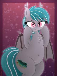 Size: 3016x4032 | Tagged: safe, artist:rainbowšpekgs, imported from derpibooru, oc, oc only, oc:malachite cluster, bat pony, pony, adorasexy, bat pony oc, bat wings, belly, belly button, bipedal, chest fluff, chubby, cute, fangs, male, sexy, smiling, stallion, stars, wings