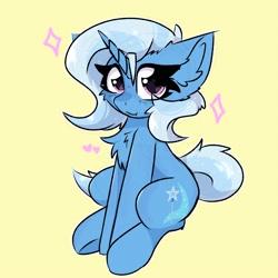 Size: 2000x2000 | Tagged: safe, artist:jubyskylines, imported from derpibooru, trixie, pony, unicorn, chest fluff, cute, cute little fangs, ear fluff, eye clipping through hair, fangs, female, heart, horn, looking at you, mare, simple background, smiling, smiling at you, snaggletooth, solo, yellow background