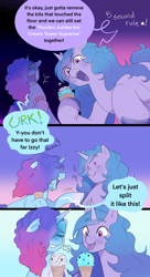 Size: 1866x3440 | Tagged: safe, artist:aztrial, imported from derpibooru, izzy moonbow, pony, unicorn, 5-second rule, comic, cute, dialogue, duo, duo female, emanata, female, food, funny, g5, good end, horn, ice cream, ice cream cone, izzybetes, mare, misty brightdawn, mistybetes, phew, question mark, sharing, shocked, tongue out