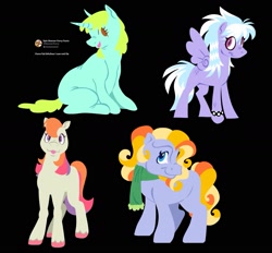 Size: 1595x1479 | Tagged: safe, artist:partyponypower, imported from derpibooru, autumn skye, cloudchaser, light heart, whoa nelly, earth pony, pegasus, pony, unicorn, black background, g2, g3, group, horn, quartet, simple background