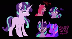 Size: 1821x987 | Tagged: safe, artist:partyponypower, imported from derpibooru, pinkie pie, starlight glimmer, twilight sparkle, earth pony, pony, unicorn, alternate universe, black background, evil grin, evil starlight, grin, horn, pinkamena diane pie, simple background, smiling, unicorn twilight