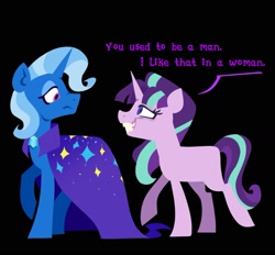 Size: 1595x1479 | Tagged: safe, artist:partyponypower, imported from derpibooru, starlight glimmer, trixie, pony, unicorn, alternate universe, black background, duo, evil starlight, female, horn, implied lesbian, implied shipping, implied startrix, simple background, trans female, trans trixie, transgender