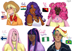 Size: 2286x1600 | Tagged: safe, artist:caosolita, imported from derpibooru, applejack, fluttershy, pinkie pie, rainbow dash, rarity, twilight sparkle, human, alternate hairstyle, applejack's hat, apron, bandana, brazil, clothes, cowboy hat, dark skin, dress, ear piercing, earring, eyebrow piercing, eyeshadow, face tattoo, female, finland, flag, freckles, glasses, grin, hat, humanized, india, indian, jacket, jewelry, leather, leather jacket, lip bite, lip piercing, lipstick, makeup, mane six, necklace, nose piercing, one eye closed, open mouth, papua new guinea, piercing, shirt, signature, simple background, smiley face, smiling, snake bites, sweater, sweatershy, t-shirt, tattoo, text, wall of tags, white background, wink