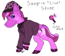 Size: 691x599 | Tagged: safe, artist:elijahtrevelyan, imported from derpibooru, oc, oc only, oc:sangria shine, clothes, cutie mark, deerstalker, detective, hat, male, solo, sweater