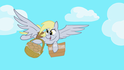 Size: 1920x1080 | Tagged: safe, artist:rivershine, imported from derpibooru, derpy hooves, pegasus, pony, cloud, delivery, delivery pony, derp, female, flying, food, mare, muffin, package, sky