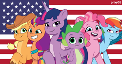 Size: 1024x539 | Tagged: safe, artist:edy_january, artist:prixy05, imported from derpibooru, applejack, pinkie pie, rainbow dash, spike, sunny starscout, twilight sparkle, alicorn, dragon, earth pony, pegasus, pony, alternate name, american flag, applejack's hat, cowboy hat, flag, g5, hat, my little pony: tell your tale, simple background, sunny and her heroine, twilight sparkle (alicorn), united states, wallpaper