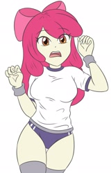 Size: 1314x2048 | Tagged: safe, artist:sumin6301, imported from derpibooru, apple bloom, human, equestria girls, 2d, bow, breasts, busty apple bloom, clothes, female, hair bow, legs, older, older apple bloom, open mouth, shirt, short sleeves, simple background, socks, solo, thigh gap, thigh highs, thighs, white background, wristband