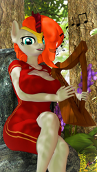 Size: 2160x3840 | Tagged: safe, artist:korizen, imported from derpibooru, oc, oc:maple melody, anthro, kirin, 3d, clothes, crossed legs, dress, forest, harp, kirin oc, looking at you, music notes, musical instrument, nature, rock, singing, source filmmaker, tree