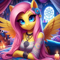 Size: 1024x1024 | Tagged: safe, imported from ponybooru, fluttershy, anthro, ai content, ai generated, candle, dark room, flower, flower in hair, generator:craiyon, hippie, pentagram, solo