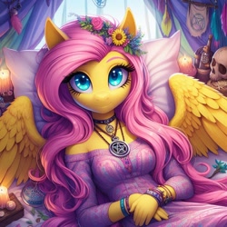 Size: 1024x1024 | Tagged: safe, imported from ponybooru, fluttershy, anthro, ai content, ai generated, bed, candle, dark room, hippieshy, lying down, lying on bed, on bed, pentagram, solo