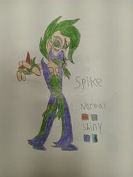 Size: 3072x4096 | Tagged: safe, artist:elijahzx360, imported from derpibooru, spike, dog, dragon, human, equestria girls, spoiler:g5, context in description, g5, ninja, scar, solo, spike the dog, spikes, traditional art