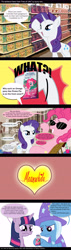 Size: 2362x8268 | Tagged: safe, artist:sparky velt, imported from derpibooru, pinkie pie, rarity, trixie, twilight sparkle, earth pony, unicorn, absurd resolution, comic, horn, merchandise, toothpaste