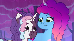 Size: 3072x1727 | Tagged: safe, imported from derpibooru, screencap, pony, unicorn, spoiler:g5, spoiler:my little pony: tell your tale, spoiler:tyts02e06, duo, duo female, eyebrows, female, frown, g5, horn, mare, misty brightdawn, my little pony: tell your tale, raised eyebrow, rebirth misty, swirlpool starlight, unnamed character
