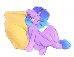 Size: 2020x1569 | Tagged: safe, artist:lbrcloud, imported from derpibooru, oc, oc only, alicorn, pony, alicorn oc, belly, colored, female, giant food, horn, kitchen eyes, lidded eyes, mare, ravioli, round belly, simple background, sketch, solo, underhoof, white background, wings