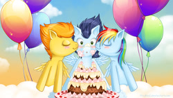 Size: 1920x1080 | Tagged: safe, artist:tinuleaf, imported from derpibooru, rainbow dash, soarin', spitfire, pegasus, pony, balloon, birthday, birthday cake, bisexual, blush lines, blushing, cake, cheek kiss, cloud, female, food, kiss on the cheek, kiss sandwich, kissing, lesbian, male, mare, party, polyamory, shipping, soarindashfire, stallion, straight