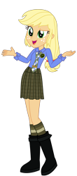 Size: 1500x3419 | Tagged: safe, artist:sketchmcreations, imported from derpibooru, applejack, equestria girls, boots, button-up shirt, clothes, dress shirt, female, maddie fitzpatrick, missing accessory, name tag, necktie, open mouth, plaid skirt, pleated skirt, shirt, shoes, shrug, simple background, skirt, smiling, socks, the suite life of zack and cody, transparent background, uniform, vector