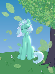 Size: 1036x1382 | Tagged: safe, artist:門久, imported from derpibooru, lyra heartstrings, pony, unicorn, background pony, eyes closed, horn, leaves, solo, tree