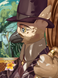 Size: 2340x3150 | Tagged: safe, artist:fly over, imported from derpibooru, griffon, equestria at war mod, bust, clothes, facial hair, flower, forest, hat, jungle, male, moustache, nature, necktie, portrait, scepter, suit, top hat, tree