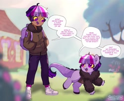 Size: 1542x1250 | Tagged: safe, artist:riukime, imported from derpibooru, oc, oc only, oc:jinx, draconequus, human, hybrid, pony, colored sclera, cute, dialogue, draconequus oc, duality, female, filly, foal, human ponidox, humanized, humanized oc, interspecies offspring, ocbetes, offspring, open mouth, open smile, parent:discord, parent:twilight sparkle, parents:discolight, self paradox, self ponidox, smiling, speech bubble, yellow sclera