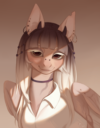 Size: 3000x3800 | Tagged: safe, artist:miurimau, imported from derpibooru, oc, oc only, pegasus, pony, bridge piercing, bust, clothes, ear piercing, earring, female, gradient background, high res, horns, jewelry, lidded eyes, looking at you, mare, piercing, shirt, smiling, smiling at you, solo