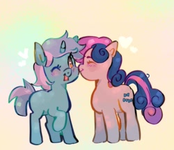 Size: 1514x1303 | Tagged: safe, artist:m0uniee, imported from derpibooru, bon bon, lyra heartstrings, sweetie drops, earth pony, pony, unicorn, blushing, cheek kiss, duo, duo female, female, heart, horn, kissing, lesbian, lyrabon, mare, one eye closed, raised hoof, shipping