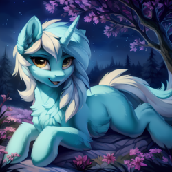 Size: 1536x1536 | Tagged: safe, derpibooru exclusive, imported from derpibooru, lyra heartstrings, pony, unicorn, ai content, ai generated, chest fluff, ear fluff, female, forest, generator:stable diffusion, horn, lidded eyes, looking at you, lying down, nature, night, outdoors, prompter:seashell, prone, smiling, smiling at you, solo, tail, tree, two toned mane, two toned tail