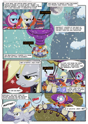 Size: 1273x1800 | Tagged: safe, artist:pixelkitties, imported from derpibooru, derpy hooves, oc, oc:star swirl, earth pony, pegasus, pony, comic:my little sunshine, canterlot, clothes, comic, duo, duo female, female, hot air balloon, mare, moon, nuclear weapon, snow, snowfall, uniform, weapon