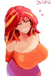 Size: 1400x2000 | Tagged: safe, artist:sozglitch, imported from derpibooru, sunset shimmer, human, arm behind back, big breasts, breasts, busty sunset shimmer, eyes closed, female, grin, heart, high angle, huge breasts, humanized, looking at you, simple background, smiling, smiling at you, solo, white background