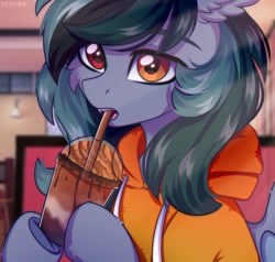 Size: 1200x1143 | Tagged: safe, artist:fluffywhirlpool, artist:stesha, imported from derpibooru, oc, oc:scrimmy, bat pony, bubble tea, cafe, clothes, commission, cute, drink, drinking, ear fluff, holding, hoodie, male, sitting, ych result