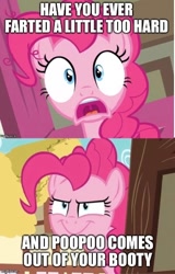 Size: 336x524 | Tagged: safe, edit, edited screencap, imported from derpibooru, screencap, pinkie pie, earth pony, pony, caption, evil grin, female, grin, image macro, imgflip, implied farting, implied pooping, mare, meme, open mouth, shocked, shocked expression, smiling, solo, text